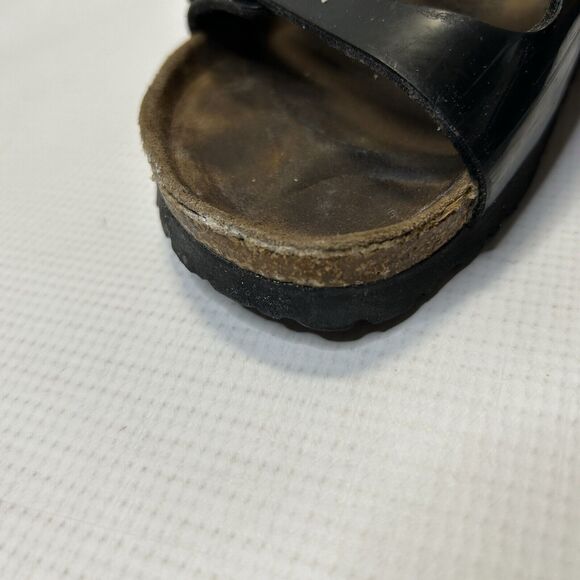 Birkis Florida Black Patent Leather Triple Strap Slide Sandals Women Size 7 EU38 - Picture 10 of 13